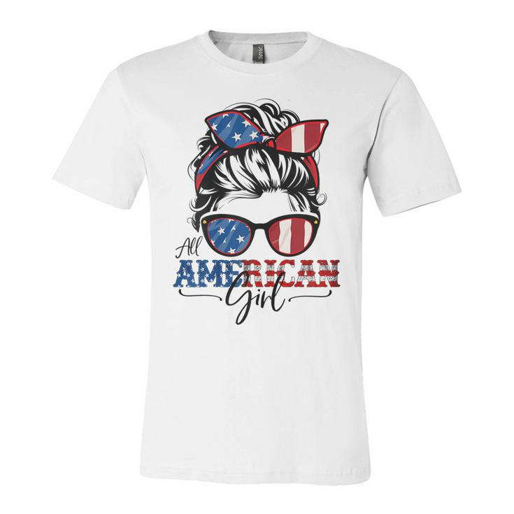All American Girl 4Th Of July  Women Messy Bun Usa Flag  V2 Unisex Jersey Short Sleeve Crewneck Tshirt