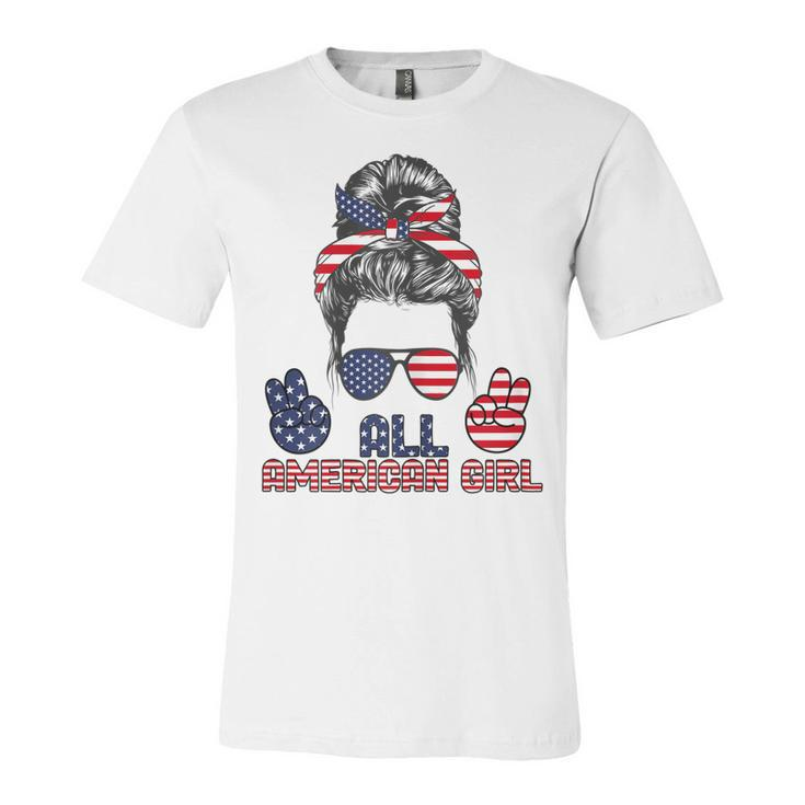 All American Girl Messy Bun American Flag 4Th Of July  V2 Unisex Jersey Short Sleeve Crewneck Tshirt