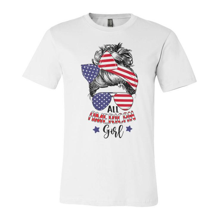 All American Girl Messy Bun Usa Flag Patriotic 4Th Of July  V2 Unisex Jersey Short Sleeve Crewneck Tshirt