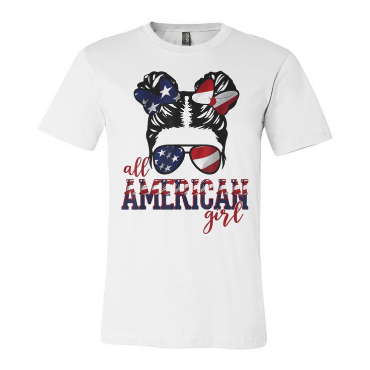 All American Girl Messy Hair Bun Woman Patriotic 4Th Of July  V2 Unisex Jersey Short Sleeve Crewneck Tshirt