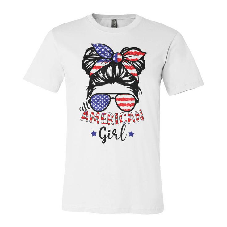 All American Girls 4Th Of July  Daughter Messy Bun Usa  V5 Unisex Jersey Short Sleeve Crewneck Tshirt