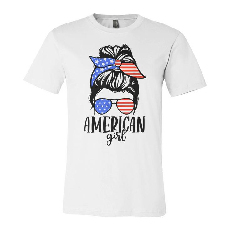 American Girl Messy Hair Bun Usa Flag Patriotic 4Th Of July  Unisex Jersey Short Sleeve Crewneck Tshirt