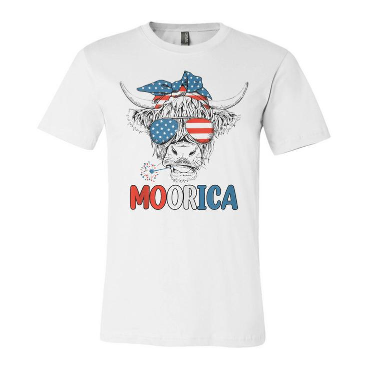 Funny Moorica 4Th Of July American Flag Highland Cow  Unisex Jersey Short Sleeve Crewneck Tshirt