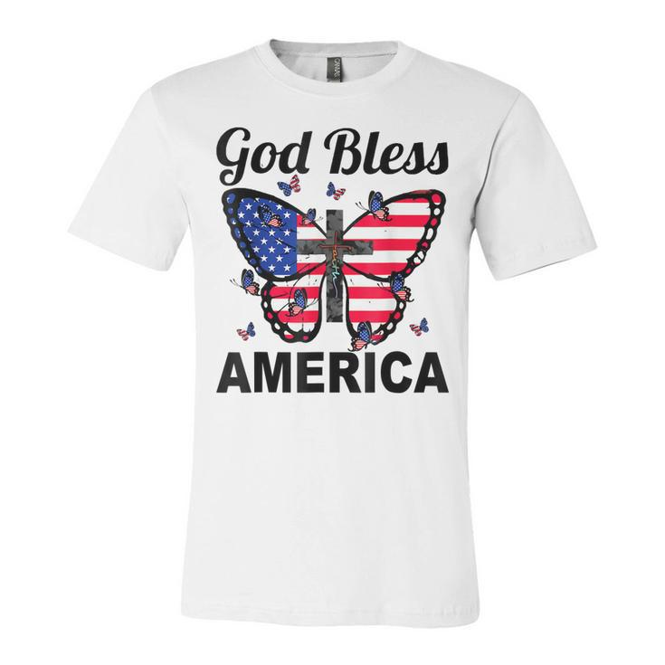 God Bless America Butterflies 4Th Of July Jesus Christ Cross  Unisex Jersey Short Sleeve Crewneck Tshirt