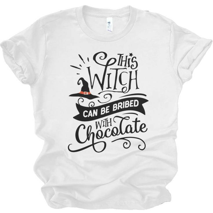 Halloween This Witch Can Be Bribed With Chocolate Black And Orange Men Women T-shirt Unisex Jersey Short Sleeve Crewneck Tee