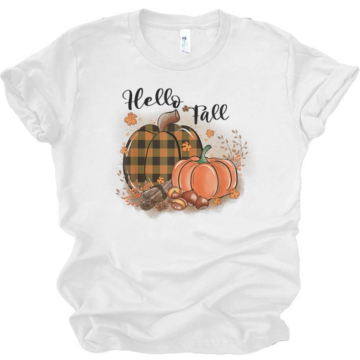 Hello Fall Plaid Pumpkin Spice Maple Leave Autumn Collection  Unisex Jersey Short Sleeve Crewneck Tshirt