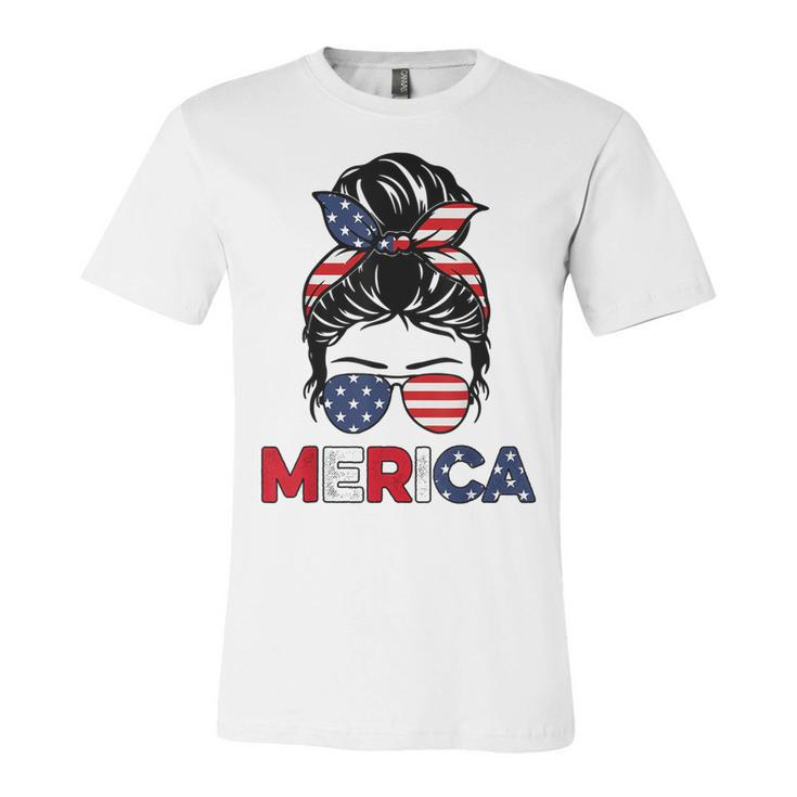 Merica Mom Girl American Flag Messy Bun Hair 4Th Of July Usa  V2 Unisex Jersey Short Sleeve Crewneck Tshirt