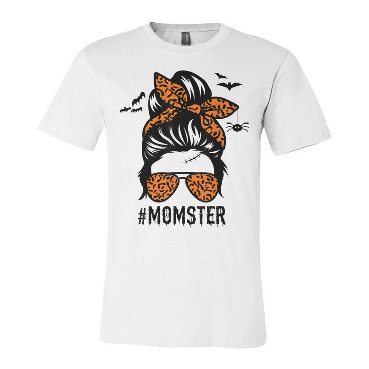 Mom Messy Bun Halloween Leopard Womens Momster Funny Spooky  Unisex Jersey Short Sleeve Crewneck Tshirt