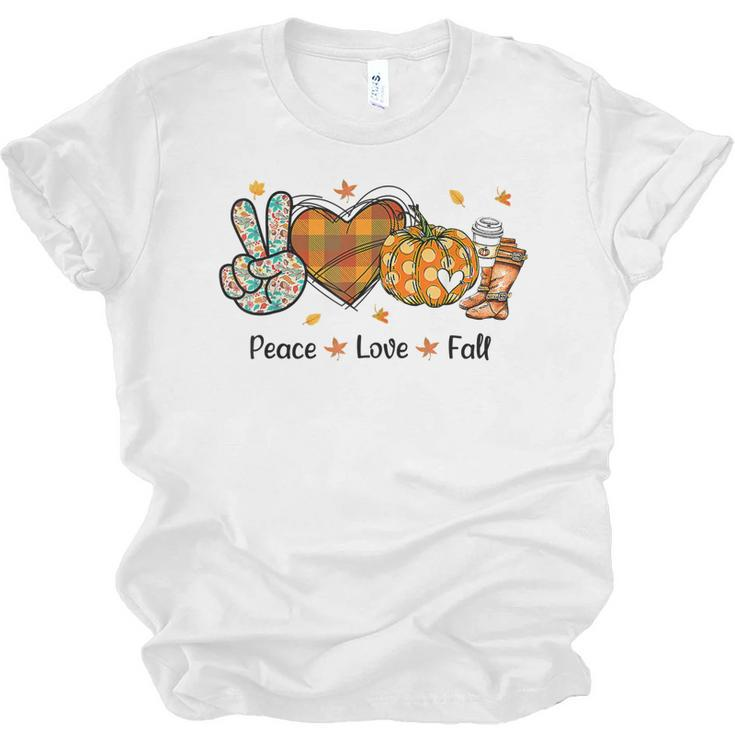 Peace Love Fall Autumn Season Pumpkin Halloween Coffee Lover  Men Women T-shirt Unisex Jersey Short Sleeve Crewneck Tee