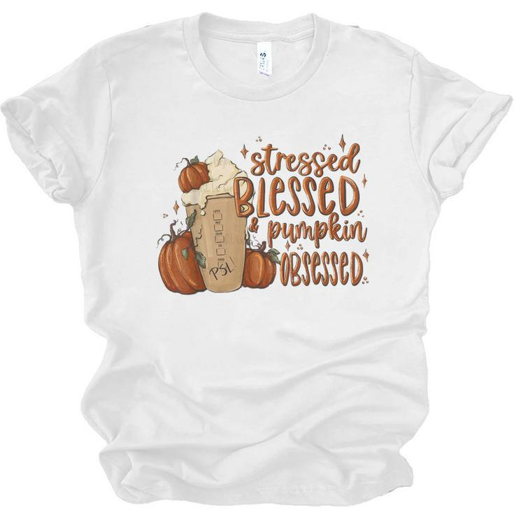 Stressed Blessed Pumpkin Spice Obsessed Coffee Thanksgiving  Unisex Jersey Short Sleeve Crewneck Tshirt