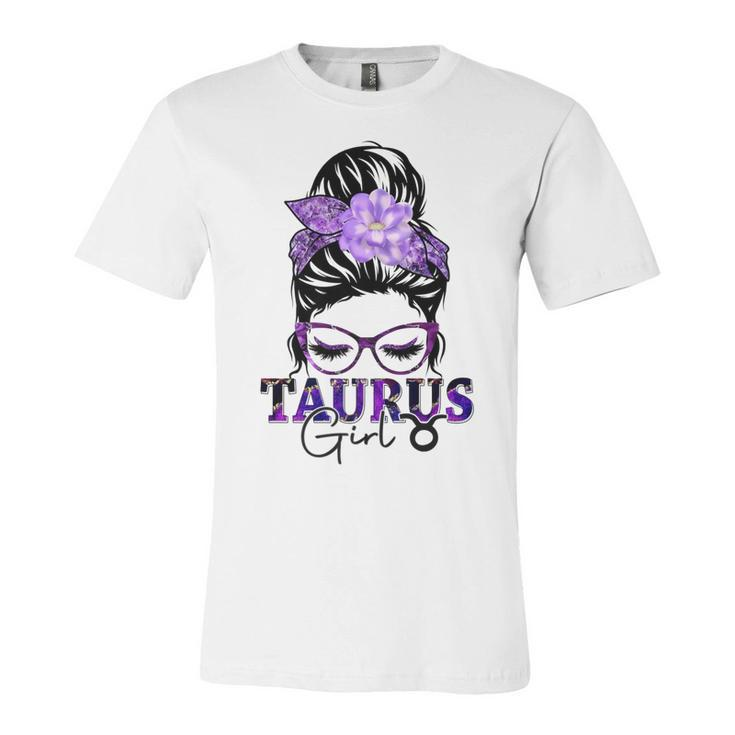 Taurus Girl Birthday Messy Bun Hair Purple Floral   Unisex Jersey Short Sleeve Crewneck Tshirt