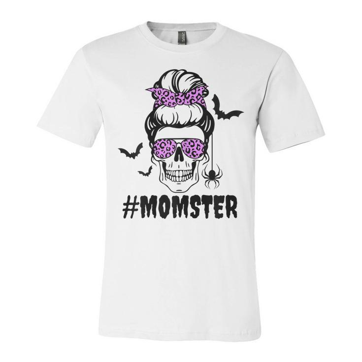 Womens Momster  Funny Halloween Costume Skull Mom Messy Bun  Unisex Jersey Short Sleeve Crewneck Tshirt