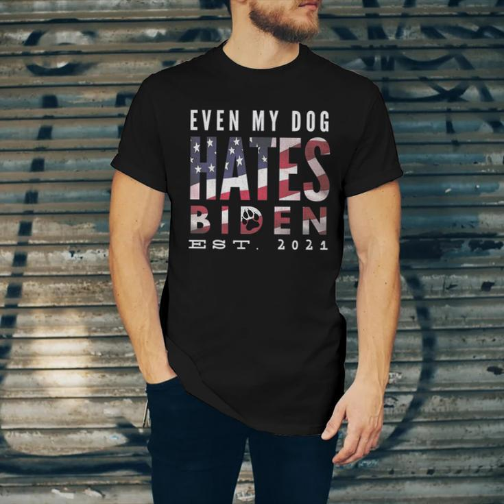 Funny Anti Biden Even My Dog Hates Biden Biden Sucks Anti Biden Usa Flag Unisex Jersey Short Sleeve Crewneck Tshirt