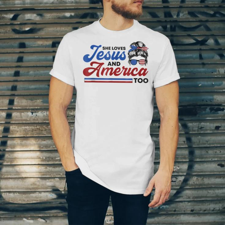 She Loves Jesus And America Too 4Th Of July Proud Christians Unisex Jersey Short Sleeve Crewneck Tshirt
