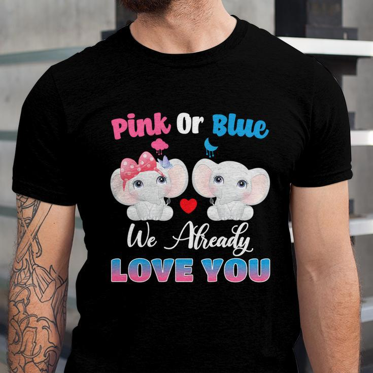 Pink Or Blue We Always Love You Funny Elephant Gender Reveal Gift Unisex Jersey Short Sleeve Crewneck Tshirt