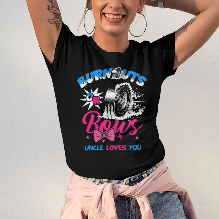 Burnouts Or Bows Gender Reveal Baby Party Announce Uncle Jersey T-Shirt