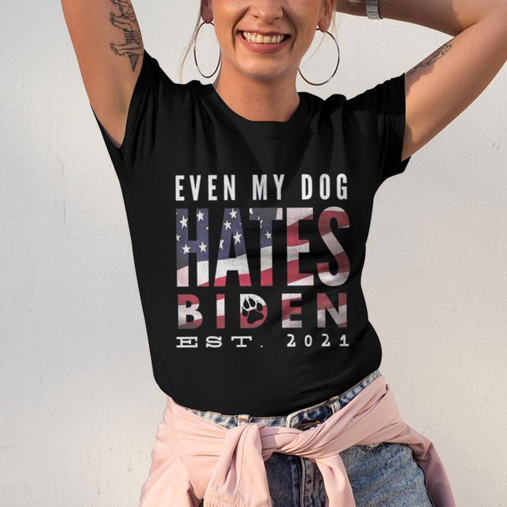Funny Anti Biden Even My Dog Hates Biden Biden Sucks Anti Biden Usa Flag Unisex Jersey Short Sleeve Crewneck Tshirt