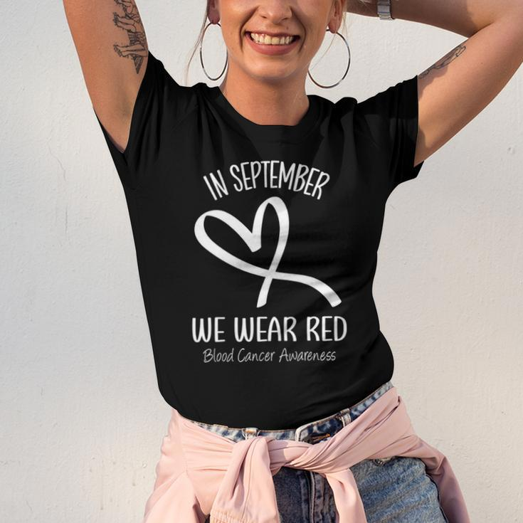 Heart In September We Wear Red Blood Cancer Awareness Ribbon Jersey T-Shirt