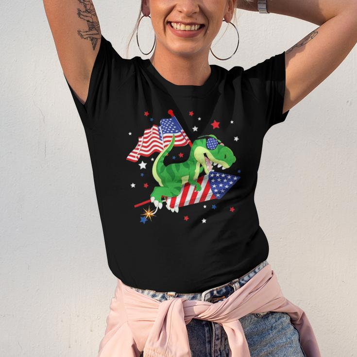 Patriotic Dinosaur Fireworks &8211 Usa American Flag 4Th Of July Jersey T-Shirt