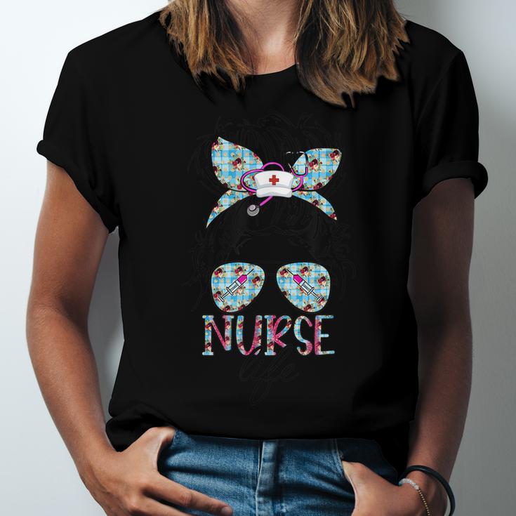 Nurse Life Leopard Messy Bun Hair Healthcare Flower Glasses  Unisex Jersey Short Sleeve Crewneck Tshirt