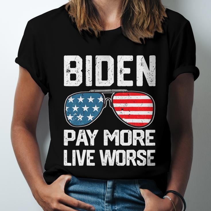 Funny Biden Pay More Live Worse Political Humor Sarcasm Sunglasses Design Unisex Jersey Short Sleeve Crewneck Tshirt