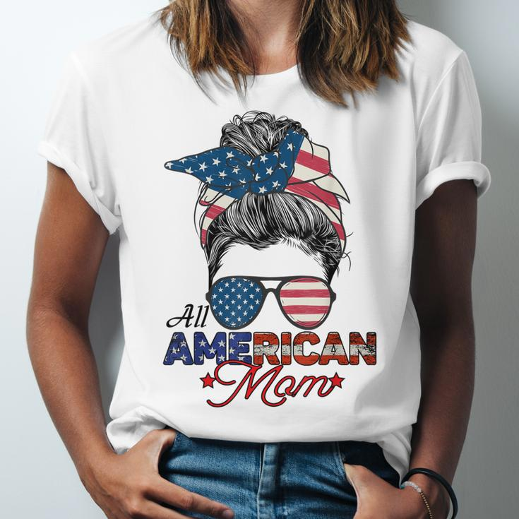 All American Mom 4Th July Messy Bun Us Flag Unisex Jersey Short Sleeve Crewneck Tshirt
