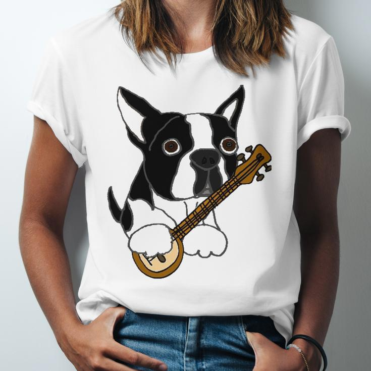 Boston Terrier Dog Playing Banjo Jersey T-Shirt