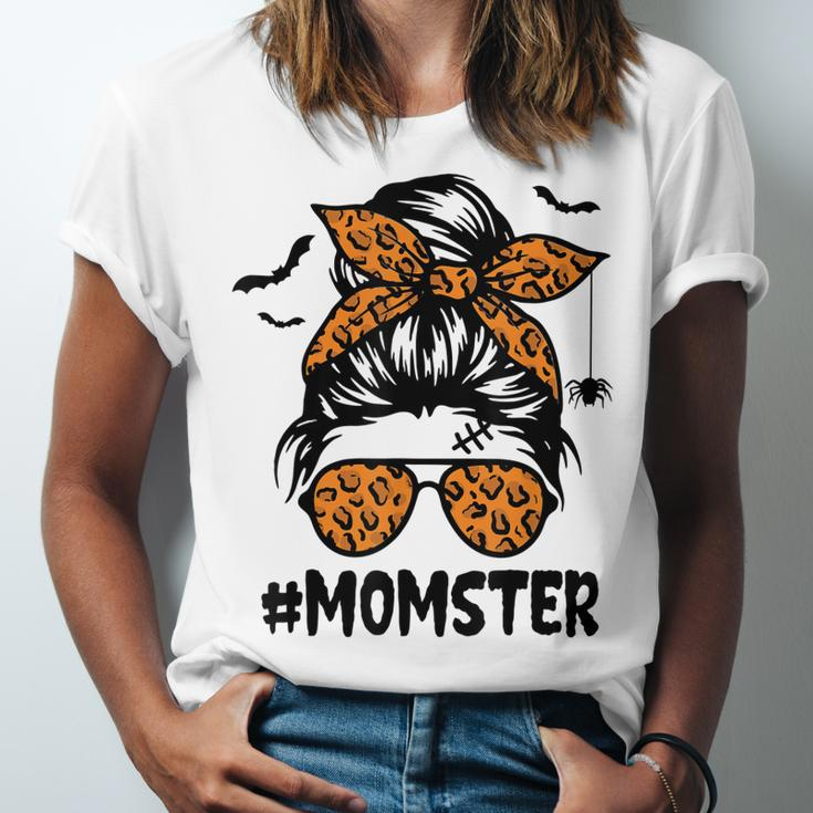 Momster For Women Halloween Mom Messy Bun Leopard Unisex Jersey Short Sleeve Crewneck Tshirt