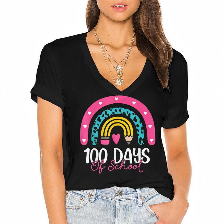 100 Days Smarter 100 Days Of School Rainbow Teachers Kids  Women's Jersey Short Sleeve Deep V-Neck Tshirt