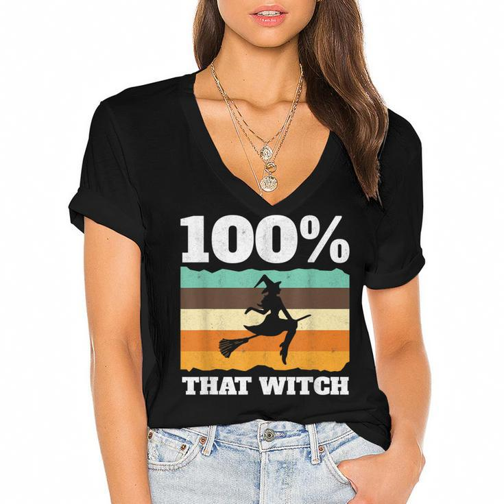 100 That Witch On Broom Retro Halloween  Women's Jersey Short Sleeve Deep V-Neck Tshirt