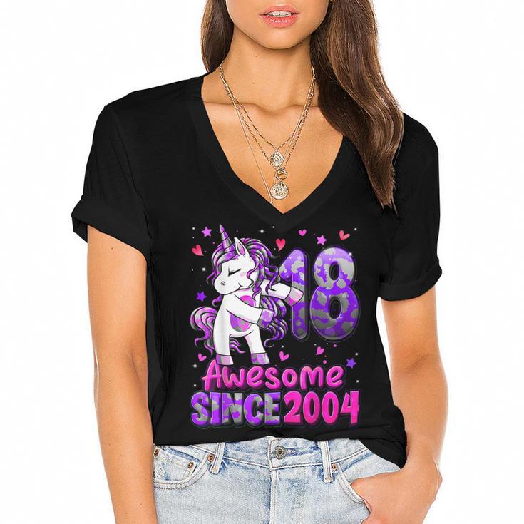 18 Years Old Unicorn Flossing 18Th Birthday Girl Unicorn  Women's Jersey Short Sleeve Deep V-Neck Tshirt