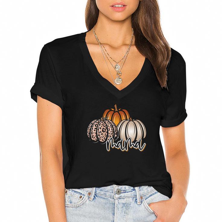Mama Pumpkin Leaopard Orange Pumpkins Fall Women's Jersey Short Sleeve Deep V-Neck Tshirt