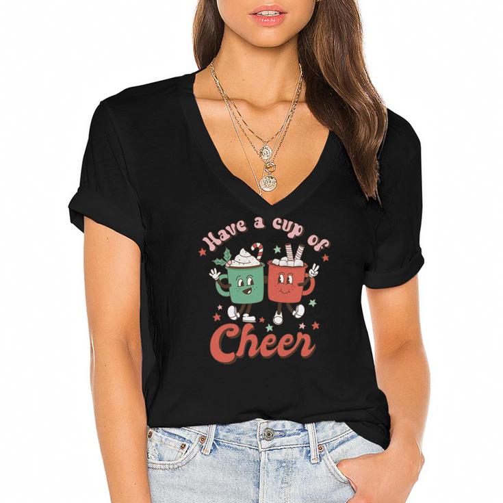 Retro Christmas Have A Cup Of Cheer Women's Jersey Short Sleeve Deep V-Neck Tshirt