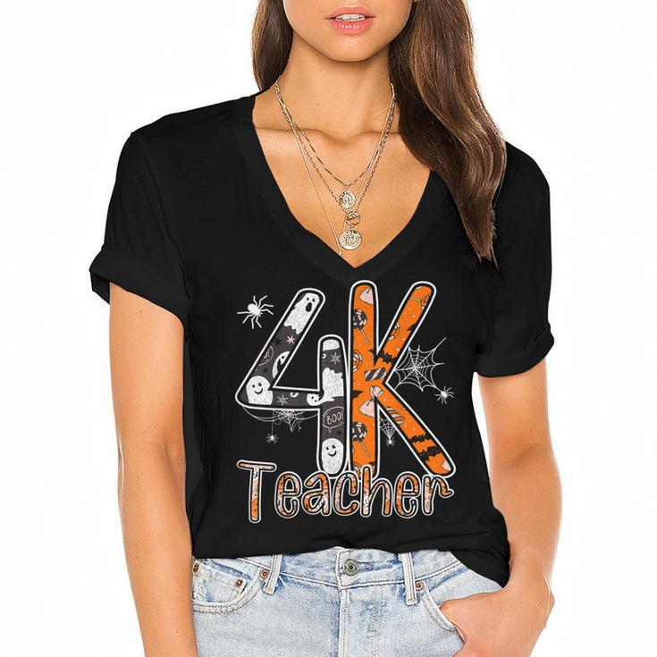 4K Teacher Halloween Trick Or Treat Happy Spooky Season  Women's Jersey Short Sleeve Deep V-Neck Tshirt