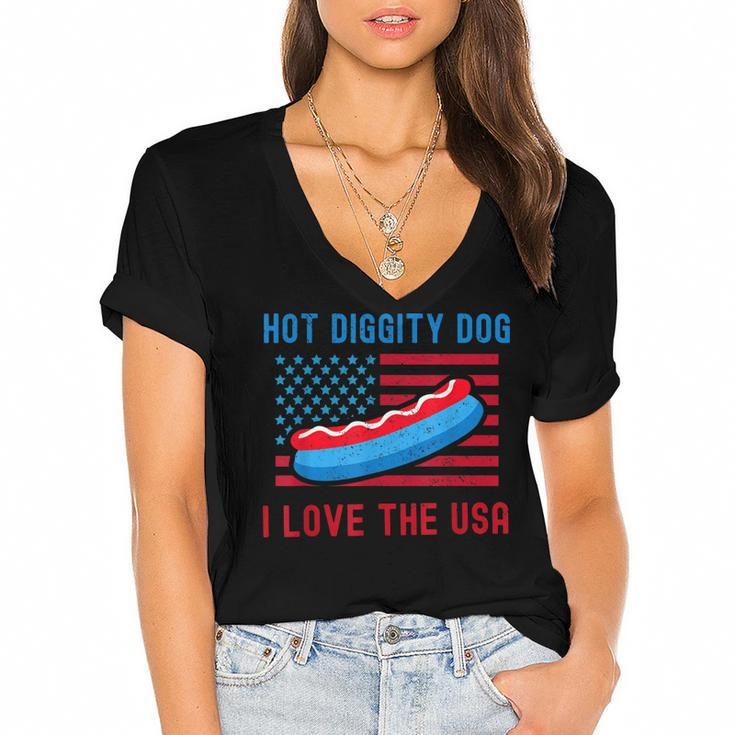 4Th Of July Hot Diggity Dog I Love The Usa Funny Hot Dog  Women's Jersey Short Sleeve Deep V-Neck Tshirt