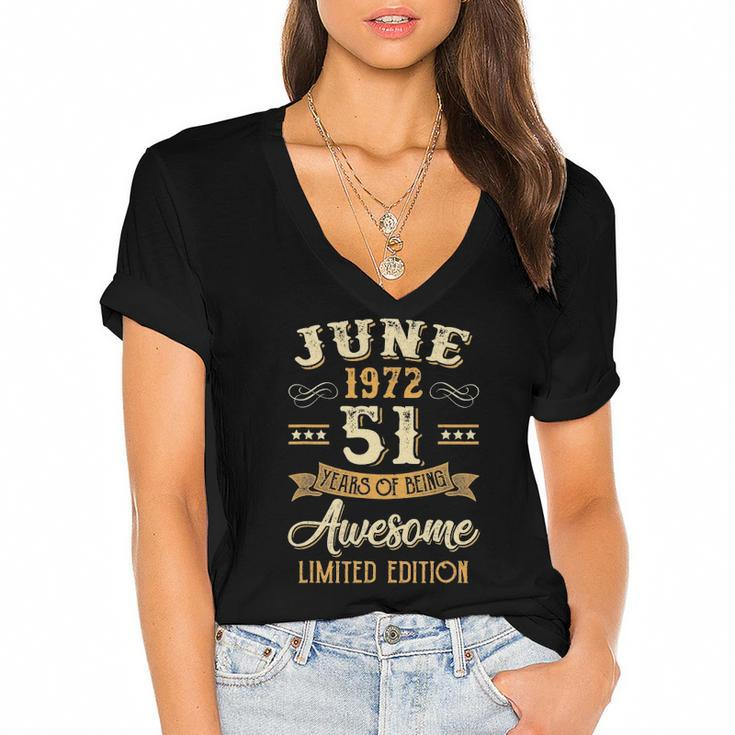 51 Years Awesome Vintage June 1972 51St Birthday Women's Jersey Short Sleeve Deep V-Neck Tshirt