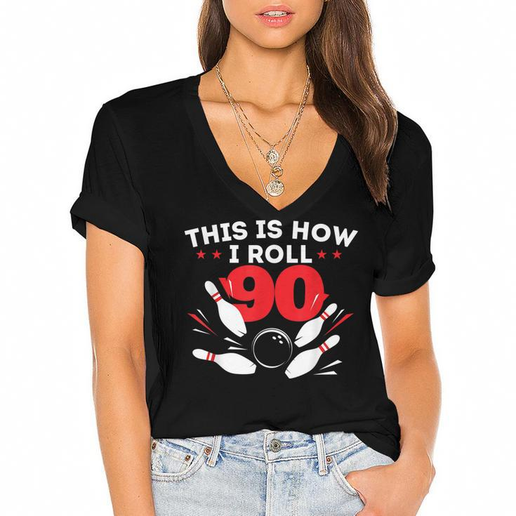 90Th Birthday Bowling Lover 90 Years Old Bday  Women's Jersey Short Sleeve Deep V-Neck Tshirt