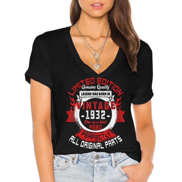 90Th Birthday Gift Vintage Legends Born In 1932 90 Years Old  Women's Jersey Short Sleeve Deep V-Neck Tshirt