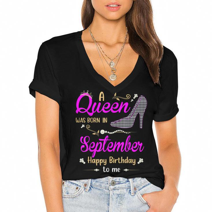 A Queen Was Born In September Birthday For Women Girl Ladies  Women's Jersey Short Sleeve Deep V-Neck Tshirt