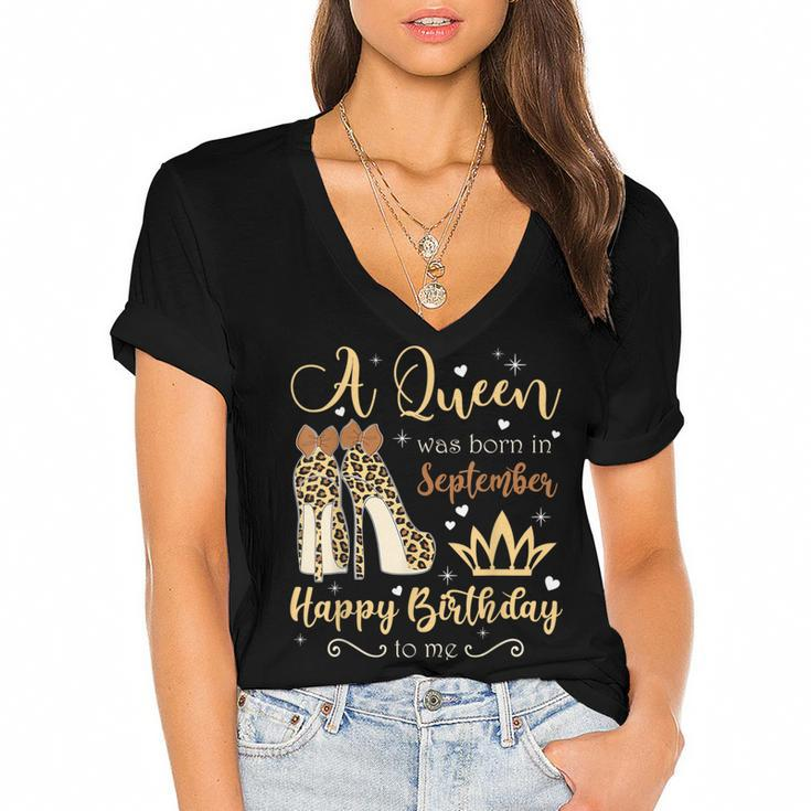 A Queen Was Born In September Birthday For Women Leopard  Women's Jersey Short Sleeve Deep V-Neck Tshirt