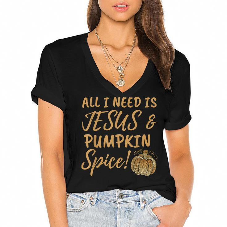 All I Need Is Jesus And Pumpkin Spice Leopard Fall Women Kid  Women's Jersey Short Sleeve Deep V-Neck Tshirt