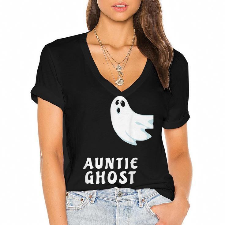 Auntie Ghost Funny Spooky Halloween Ghost Halloween Mom  Women's Jersey Short Sleeve Deep V-Neck Tshirt