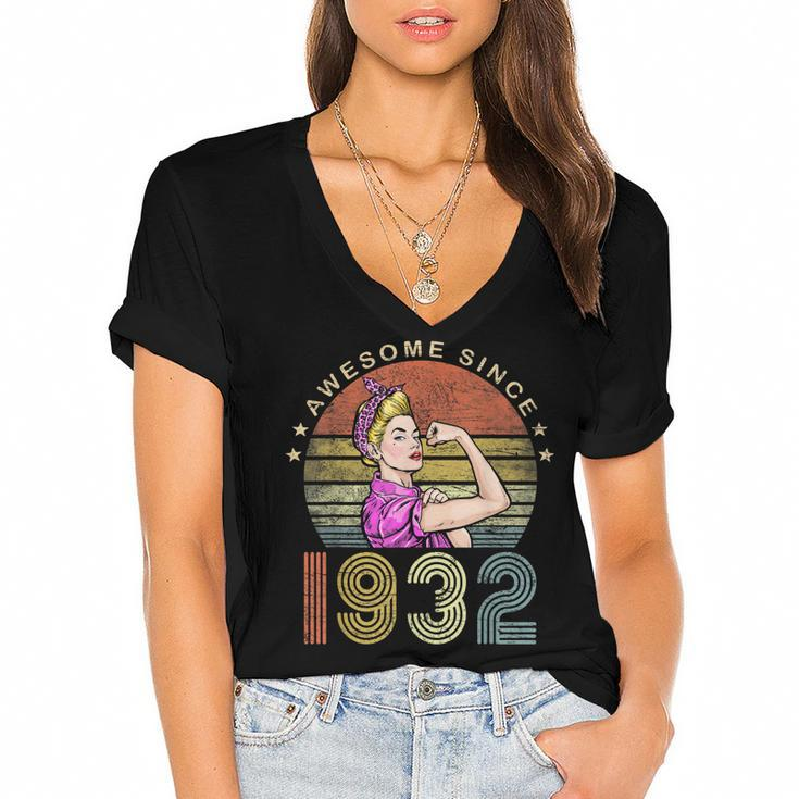 Awesome Since 1932 Vintage 1932 90Th Birthday 90 Years Old  Women's Jersey Short Sleeve Deep V-Neck Tshirt