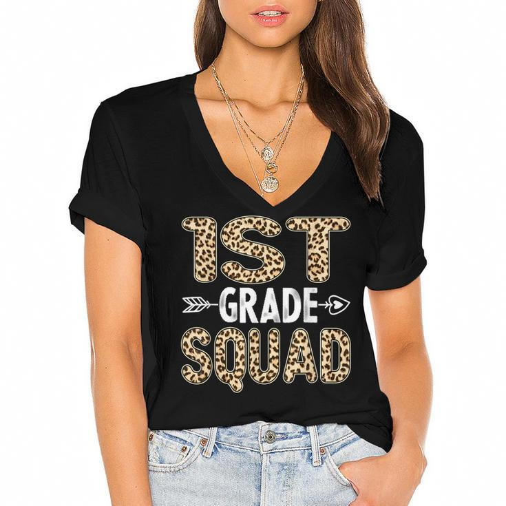 Back To School First Grade 1St Grade Leopard Squad Teacher  Women's Jersey Short Sleeve Deep V-Neck Tshirt