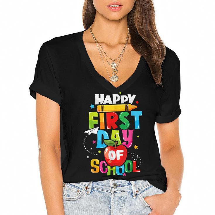 Back To School Teachers Kids Child Happy First Day Of School  Women's Jersey Short Sleeve Deep V-Neck Tshirt