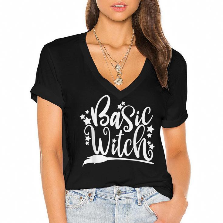 Basic Witch Witch Broom Halloween Funny Women Halloween  Women's Jersey Short Sleeve Deep V-Neck Tshirt