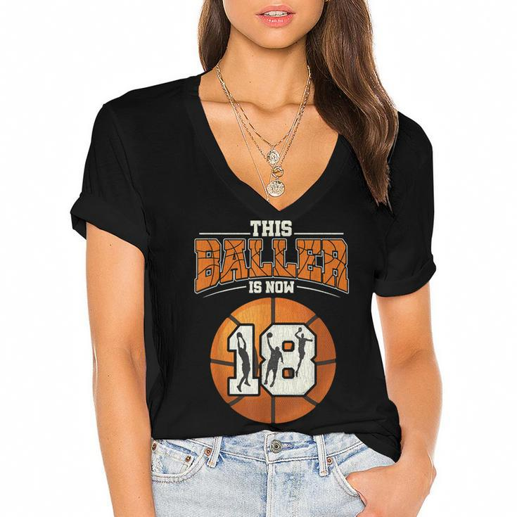 Basketball 18Th Birthday  Girl Boy Bball 18 Years Old  Women's Jersey Short Sleeve Deep V-Neck Tshirt