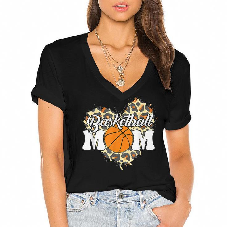 Basketball Mom Mothers Day Leopard Heart Baket Mom  Women's Jersey Short Sleeve Deep V-Neck Tshirt