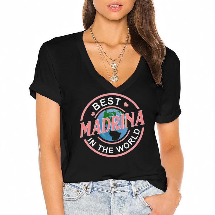 Best Madrina In The World Funny Spanish Godmother Gift Women's Jersey Short Sleeve Deep V-Neck Tshirt