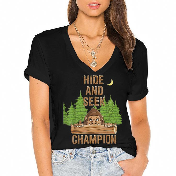 Bigfoot Hide And Seek Champion Funny Sasquatch Forest  V2 Women's Jersey Short Sleeve Deep V-Neck Tshirt